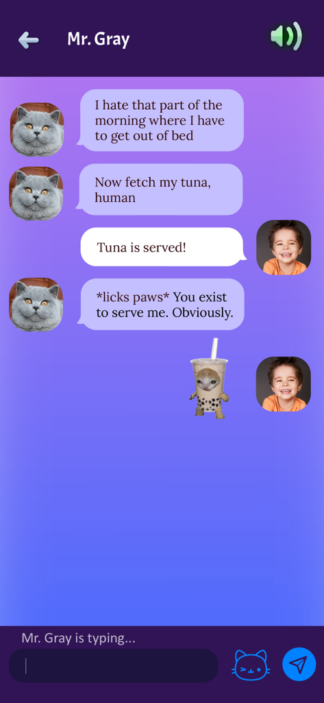 Kitty Call: Play with Cats - A simulated chat interface with a humorous cat character named Mr. Gray in the Kitty Call app