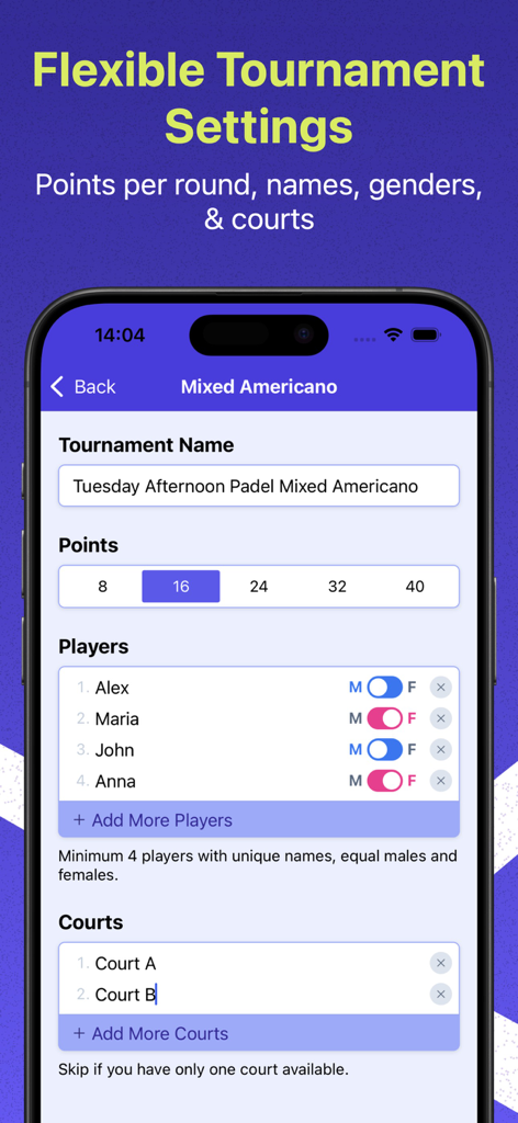 Schermata di impostazione del torneo per Padel Americano Misto che mostra elenchi di giocatori e selezione del campo.