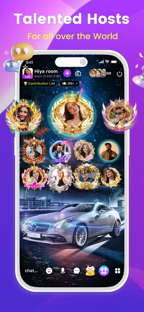 Hiya - Group Voice Chatroom - Una interfaz de chat de voz grupal en la aplicación Hiya que muestra a varios anfitriones con marcos de perfil ornamentados y un fondo de coche de lujo.