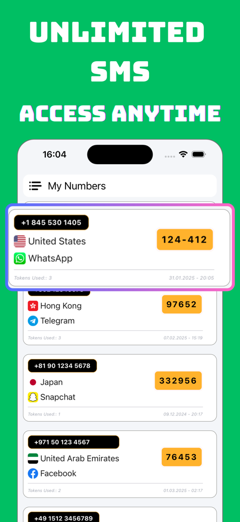 Virtual Number - Receive SMS - Capture d'écran de l'application Virtual Number montrant une liste de numéros de téléphone virtuels de différents pays pour la vérification WhatsApp Telegram et Snapchat