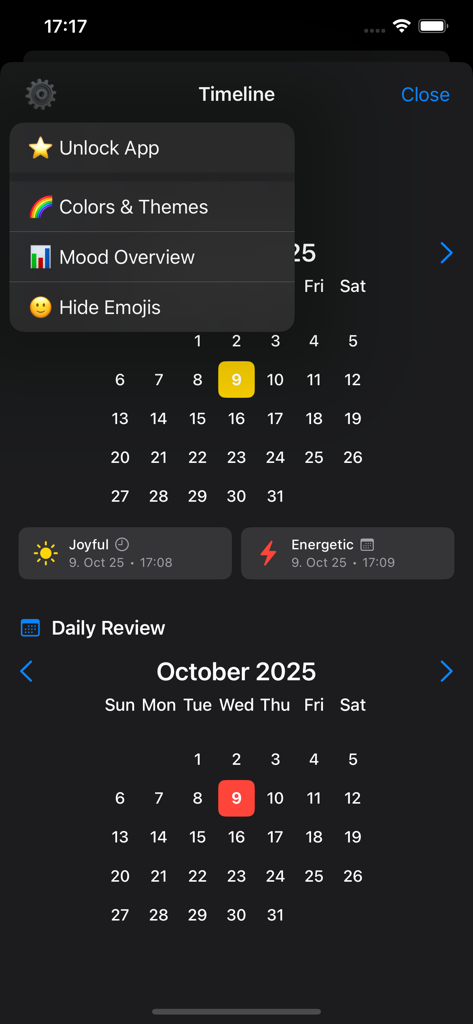 MuudYu - MuudYu app timeline interface featuring a calendar view and mood entry logs in dark mode