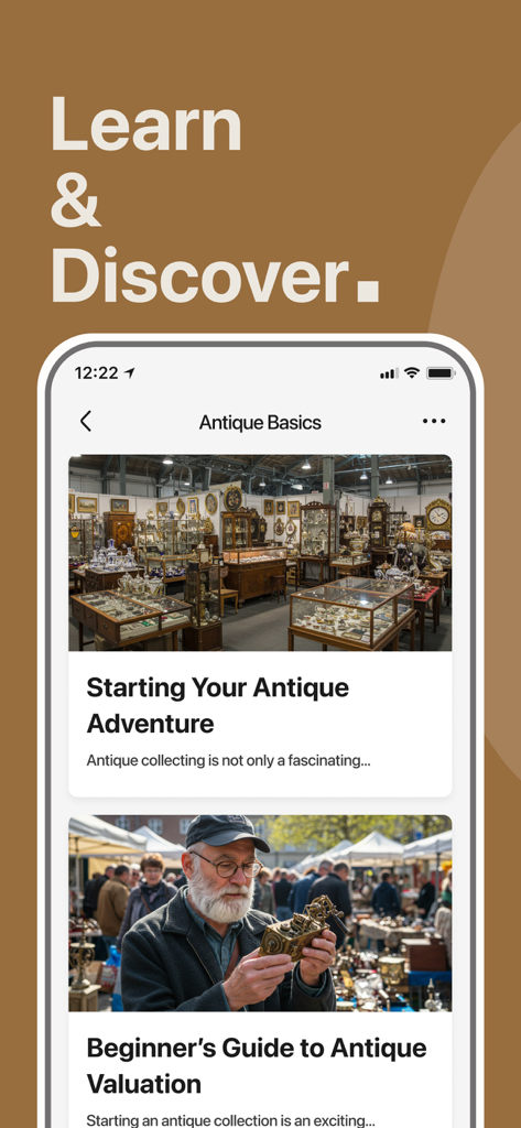 AntiqSnap: Antique ID & Value - AntiqSnap app screen showing educational articles on antique collecting and valuation basics