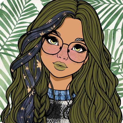 girl with long hair and freckles and glasses realistic