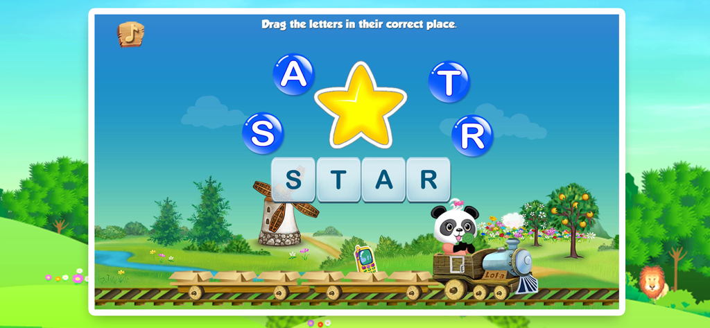 Lola Panda guiding a child to spell the word STAR in the Alphabet Train app.