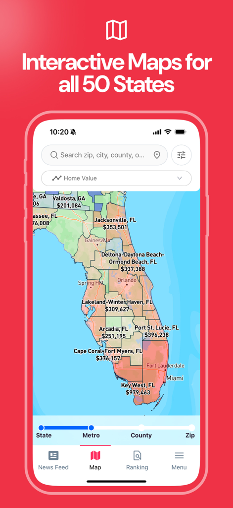 Carte immobilière interactive dans l'application Reventure montrant les valeurs des logements par région métropolitaine en Floride.