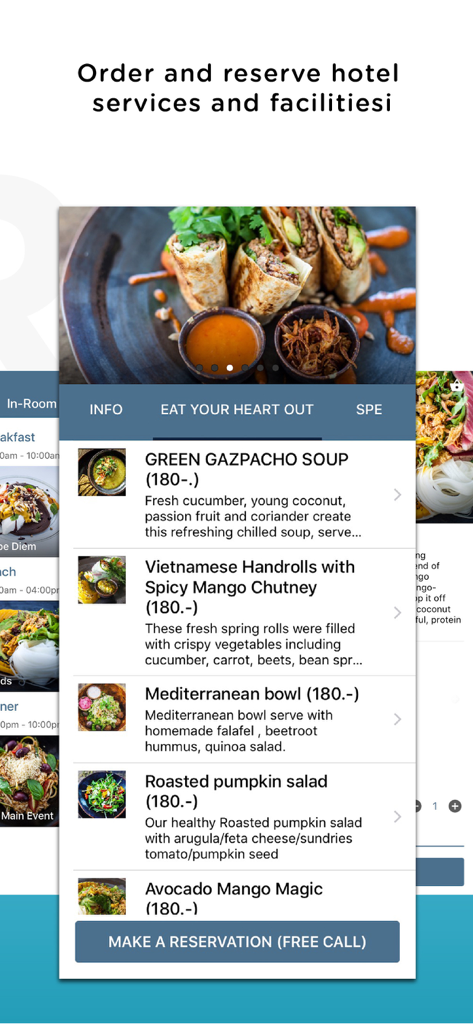 HandiGo app interface showing a hotel restaurant menu with various healthy dishes and a reservation button.