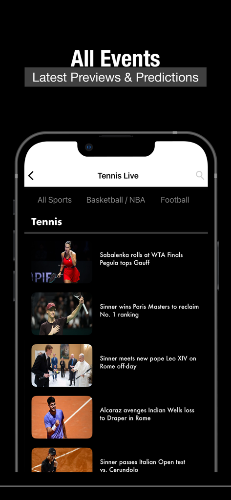 Tennis Live TV Streaming - 테니스 라이브 TV 앱 인터페이스에서 ATP 및 WTA 투어의 최신 뉴스와 이벤트 미리 보기를 표시합니다.