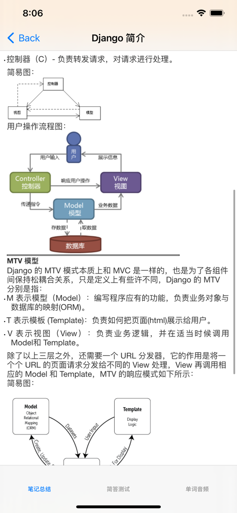 Django tutorial screen explaining MVC and MTV software design patterns with architectural diagrams in Chinese