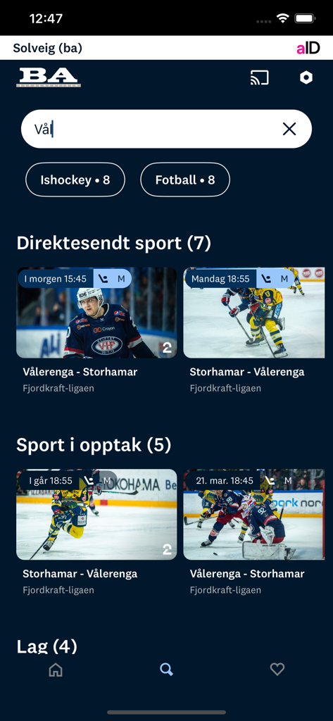 Direktesport - Direktesport app interface showing search results for Norwegian ice hockey matches including live and recorded games.