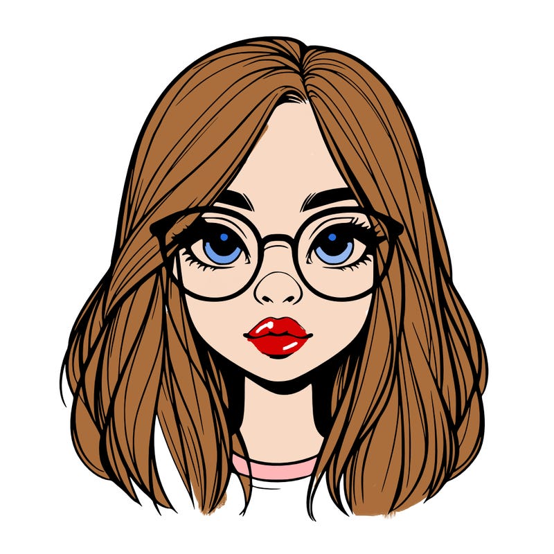 realistic girl with her hair down and glasses  and a nose