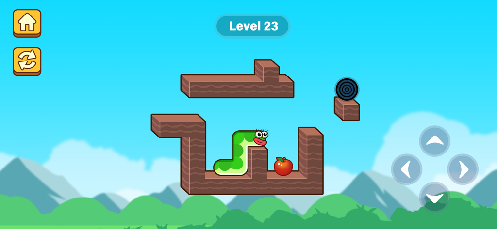 AppleWorm Apple Game - Personaje de gusano verde navegando por un laberinto de bloques para alcanzar una manzana en un nivel del juego AppleWorm.