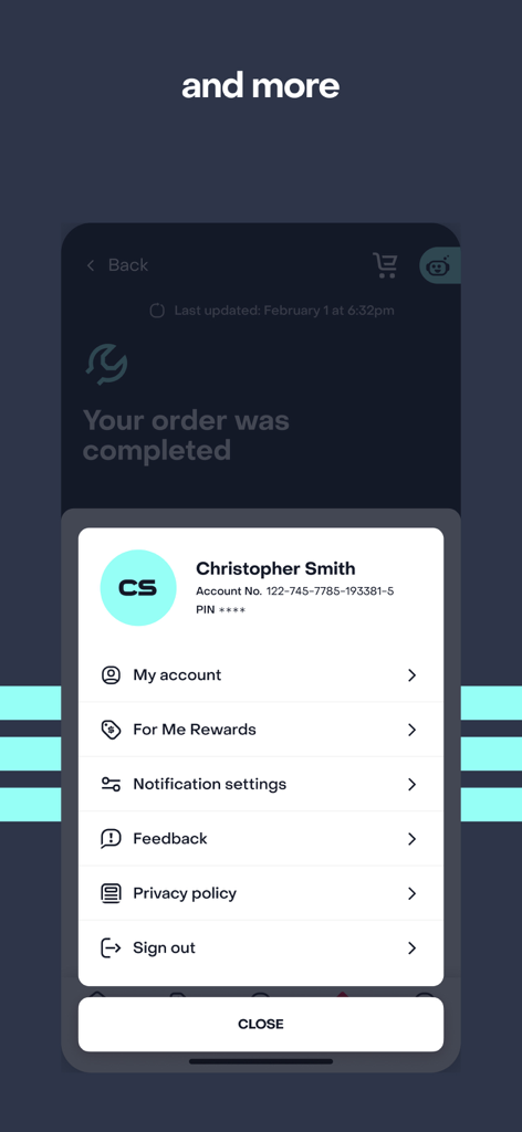 The account settings menu in the MyFrontier app displaying user options like rewards and notifications