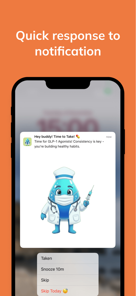 Wellive - GLP-1 Care AI - Wellive mobile app notification for GLP-1 medication reminder with quick response options like Taken and Snooze.