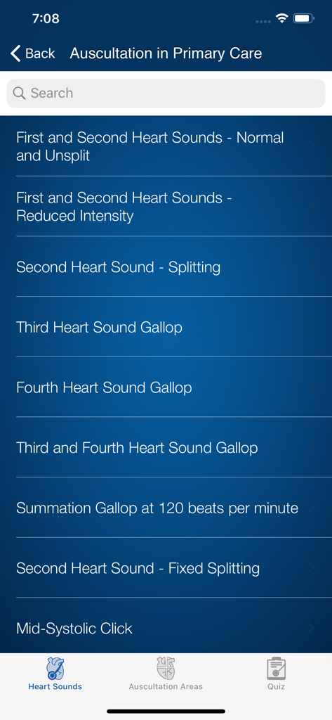 Heart Sounds Auscultation - List of cardiac sounds in the Heart Sounds Auscultation app for primary care
