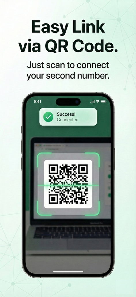 Ein iPhone scannt einen QR-Code auf einem Laptop-Bildschirm, um ein zweites Messaging-Konto mit einer Erfolgsmeldung zu verbinden.