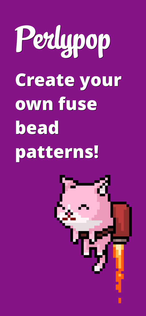 Perlypop: Perler beads - Pantalla de inicio de la aplicación Perlypop con un gato pixelado con un jetpack y texto sobre la creación de patrones de cuentas de fusión