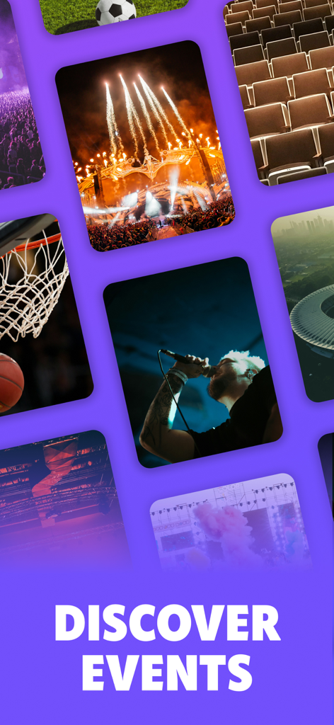 Rebel - Buy and Sell Tickets - A purple screen featuring a collage of concerts sports and festivals with the text Discover Events