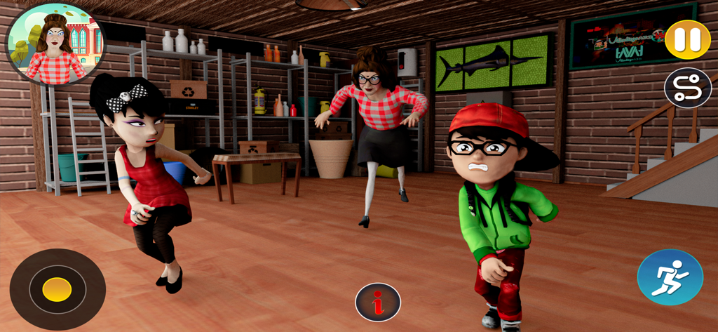 Scary Teacher 3D Evil Prank - Two students running away from an angry teacher in a basement level of the Scary Teacher game