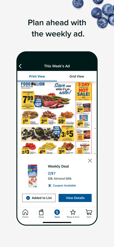 L'application mobile Food Lion affichant l'annonce hebdomadaire avec diverses économies sur les courses et un coupon numérique pour du lait d'amande.