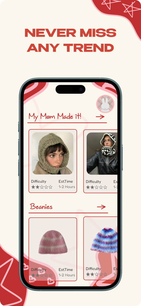 Yumak - Crochet & Knitting - Pantalla de la aplicación Yumak que muestra proyectos de ganchillo de tendencia, incluidos pasamontañas Y2K y gorros con estimaciones de dificultad y tiempo.