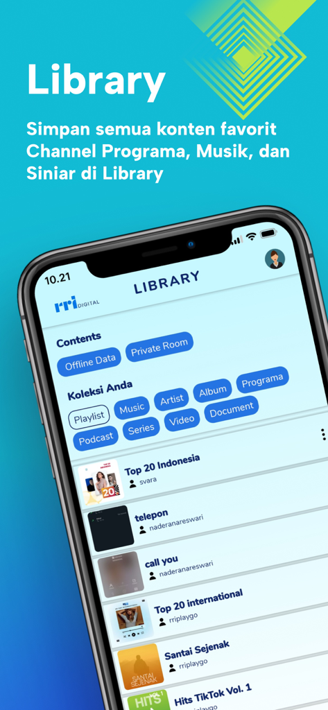 RRI Digital - RRI Digital mobile app library screen showing saved playlists music and podcasts