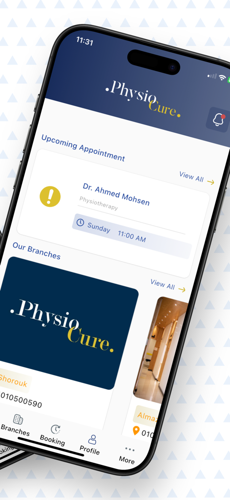 Physio Cure - Pantalla de smartphone mostrando el panel de control de la aplicación Physio Cure con una próxima cita de fisioterapia y una lista de sucursales de clínicas.