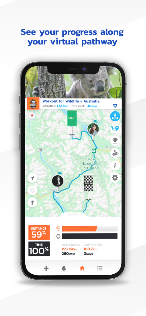 My Virtual Mission - Mobile screen showing a virtual fitness mission map with progress stats and participant avatars