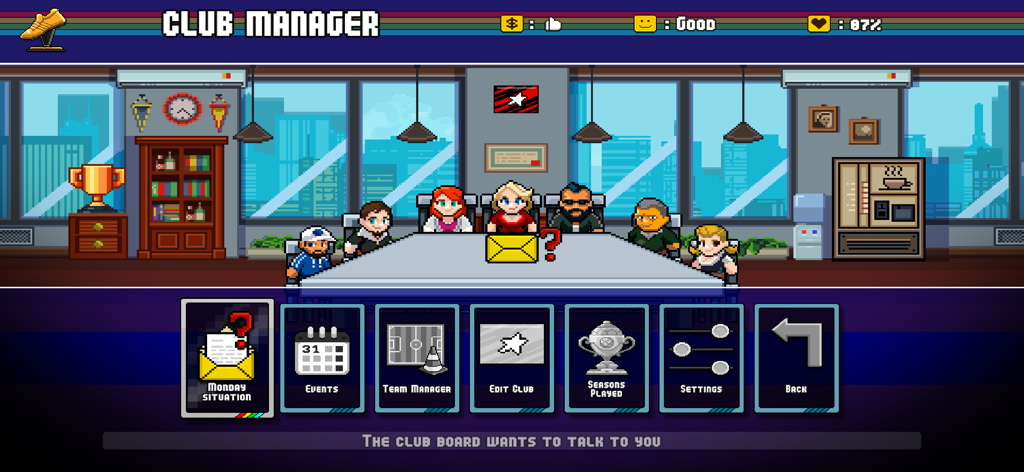 Pixel art interface of the Club Manager mode in Pixel Cup Soccer showing the board of directors sitting at a conference table.