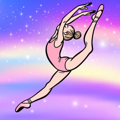 gymnast doing a leap in a leotard with a bent back leg