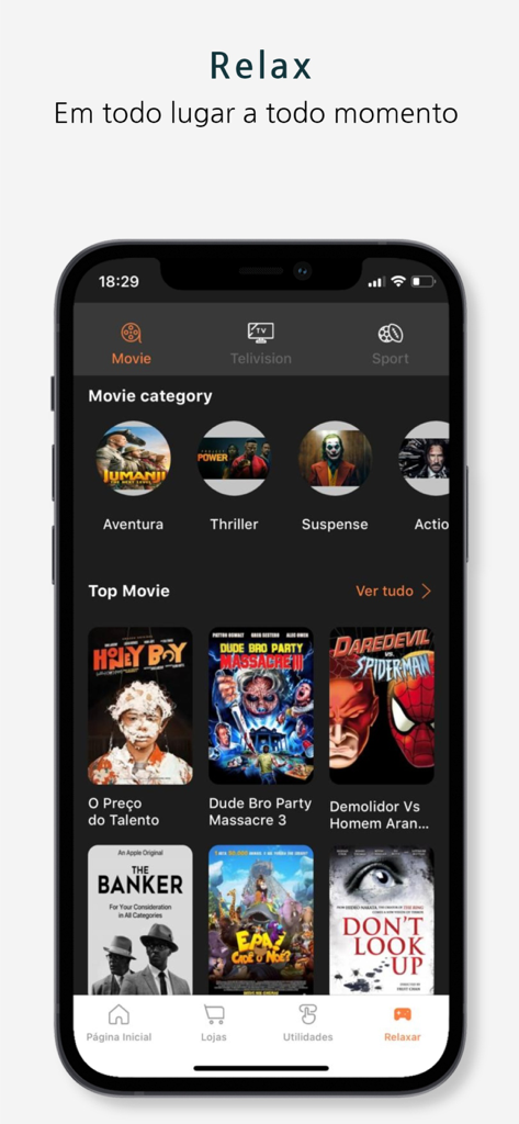 Interface do aplicativo Super Movitel mostrando a seção de entretenimento de filmes com várias categorias e títulos de filmes