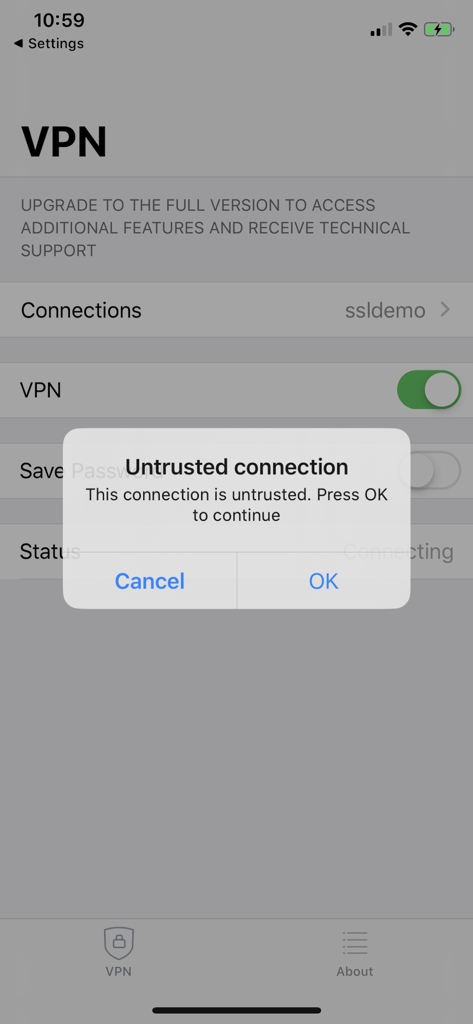 FortiClient VPN - Schermata dell'app FortiClient VPN che mostra un avviso di connessione non attendibile su un iPhone.