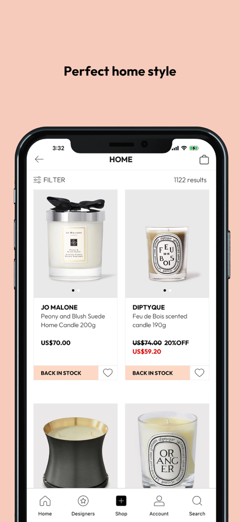 IFCHIC app interface showing luxury designer candles from brands like Jo Malone and Diptyque