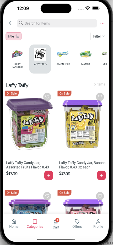 Screenshot of the Big and Cheap Wholesale app displaying bulk Laffy Taffy candy jar products for business procurement.
