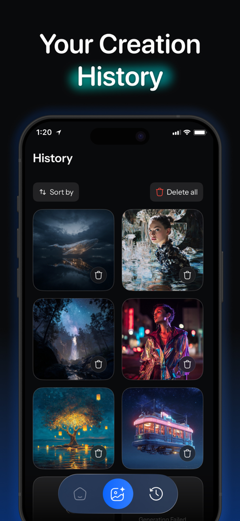 Prompts for Midjourney AI: MLX - MidQ app screen showing a grid of saved AI generated artwork in the history section