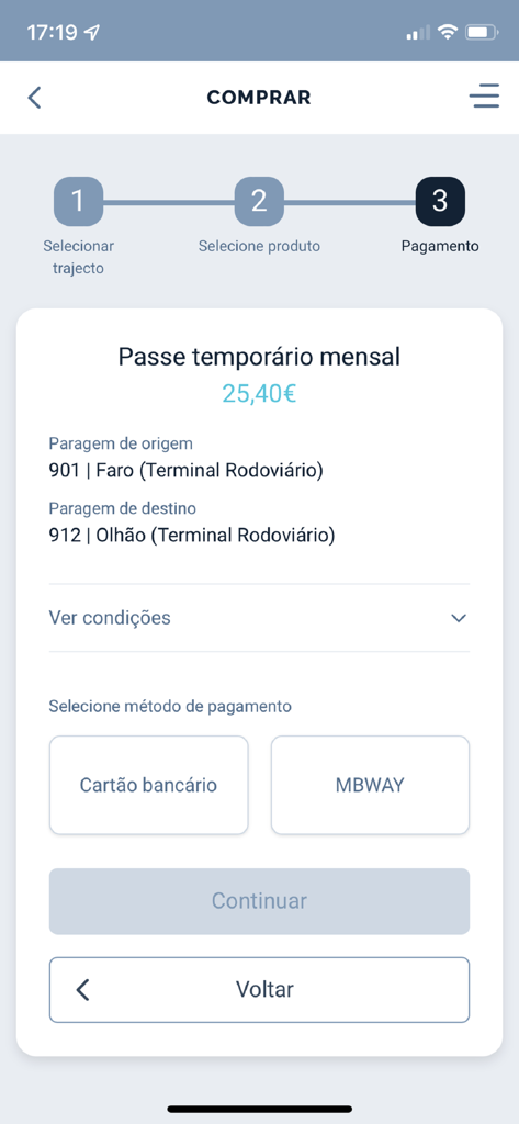 Payment screen in the Vamus Algarve app for a bus pass from Faro to Olhao