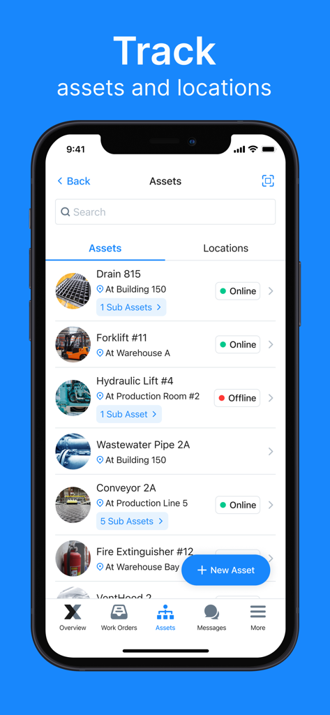 MaintainX Work Orders - Ansicht der MaintainX Mobile App, die eine Liste von Industrieanlagen und die Statusverfolgung anzeigt