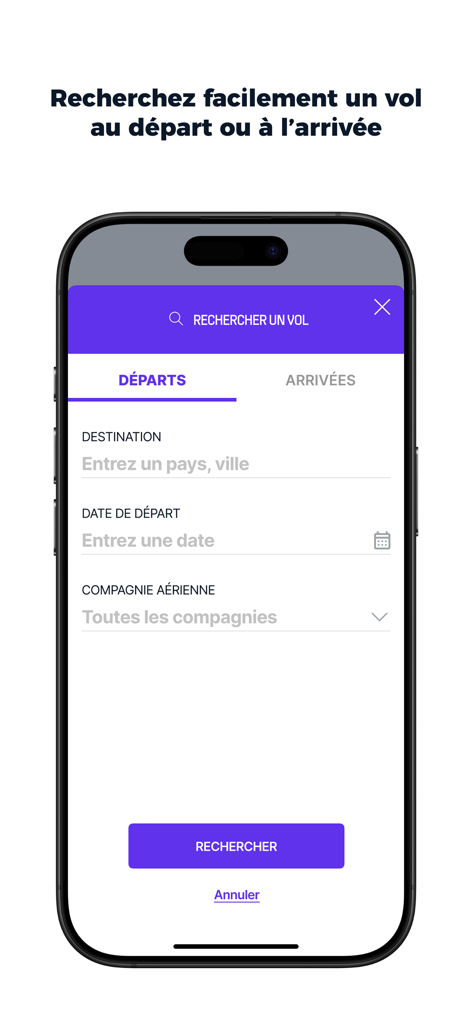 Aéroport MP - Interfaccia mobile per la ricerca delle partenze e degli arrivi dei voli all'Aeroporto di Marsiglia Provenza.