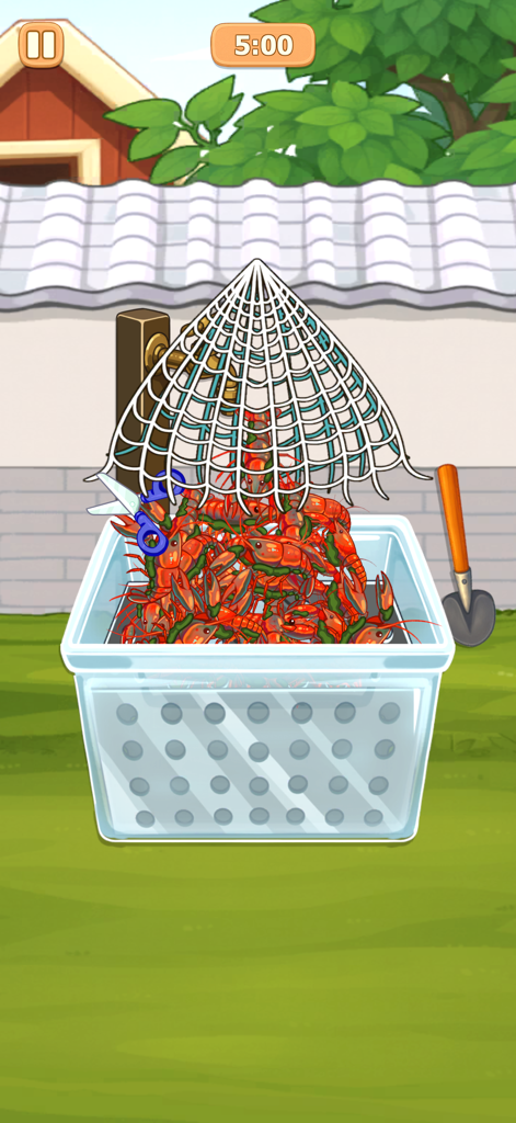 A container filled with fresh crawfish in a cozy village cooking scene.
