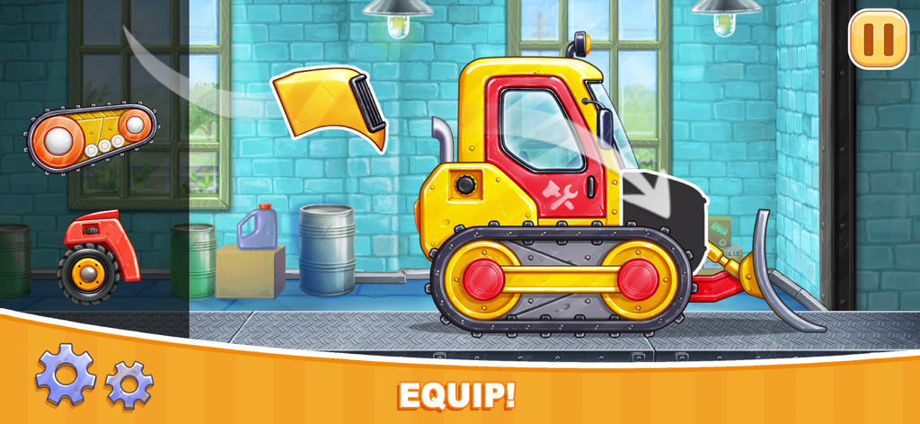 A yellow bulldozer assembly puzzle in a kids construction game.