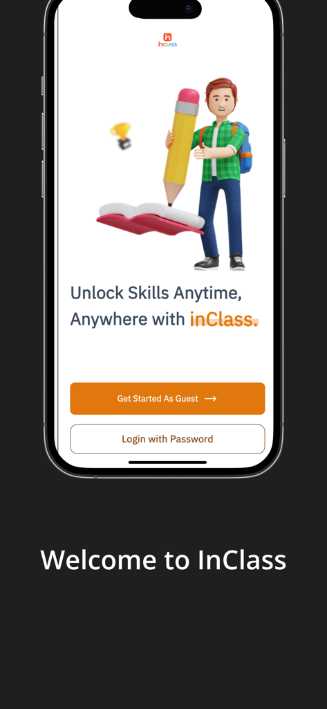 InClass KW - InClass app welcome screen showing a student character and login buttons