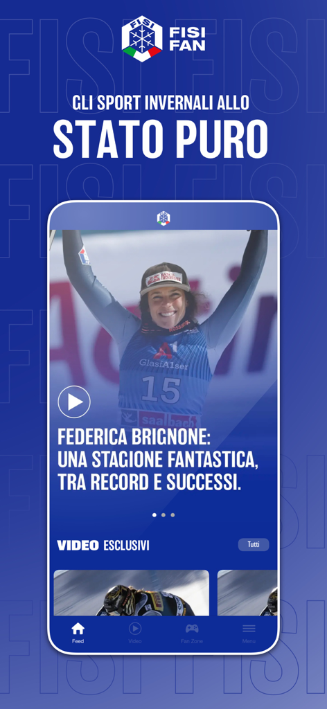 FISI FAN - Interface do aplicativo móvel FISI FAN mostrando um destaque de vídeo em destaque da esquiadora italiana Federica Brignone