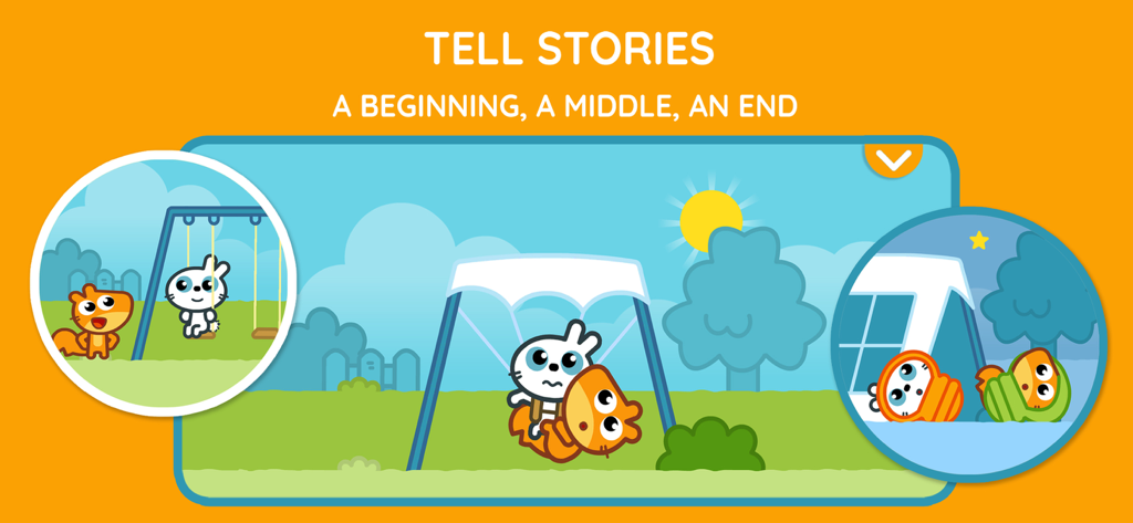 Pango Kids app screenshot demonstrating early literacy skills by teaching children how to tell stories with a beginning middle and end