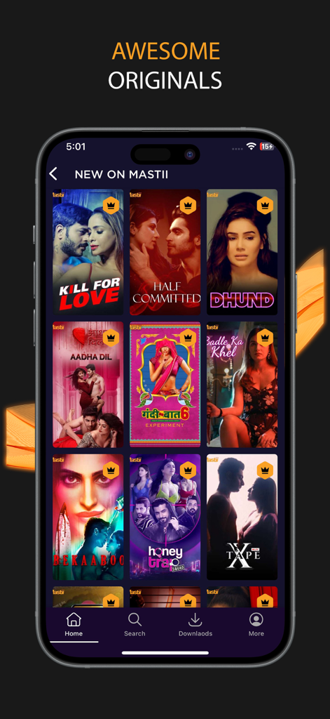 Mastii: OTT, Web Series, Shows - Mobile screen of Mastii app featuring various original Indian web series titles like Kill for Love and Dhund