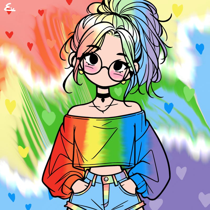 girl with a messy ponytail glasses a baggy crop top and jean shorts