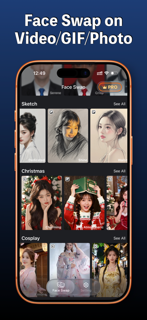FaceXSwap:Offline AI Face Swap - Interfaz de la aplicación FaceXSwap que muestra varias categorías de plantillas para intercambio de caras con IA