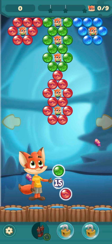 Bubble Friends Bubble Shooter - A gameplay screenshot of Bubble Friends Bubble Shooter showing a cute fox character aiming at colorful bubbles to rescue trapped baby animals.