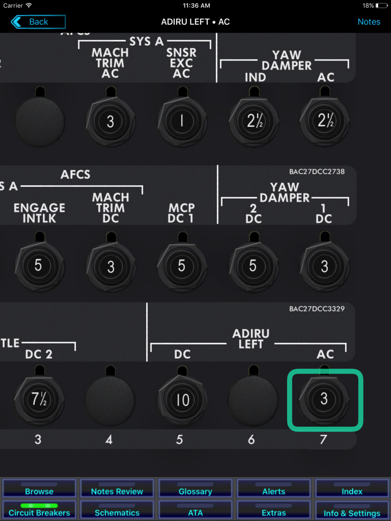 B737 Cockpit Companion - A detailed view of the B737 Cockpit Companion app showing an interactive circuit breaker panel for aircraft systems like ADIRU and AFCS.