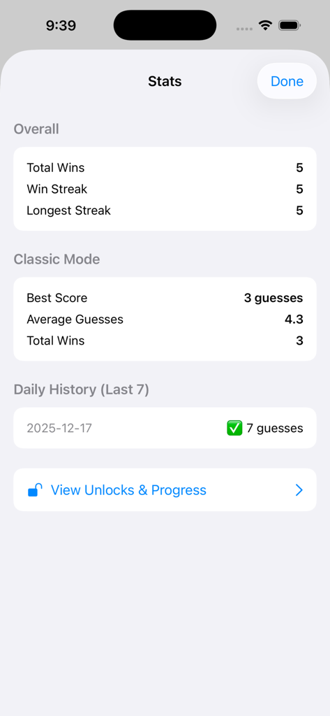 Simply Guess The Number - A statistics screen within the app showing total wins win streaks and performance metrics for various game modes