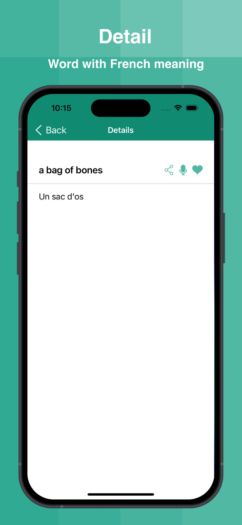 French Dictionary Offline Pre - Captura de tela do aplicativo Dicionário Francês Offline mostrando a tradução de 'a bag of bones' para 'Um saco de ossos'.
