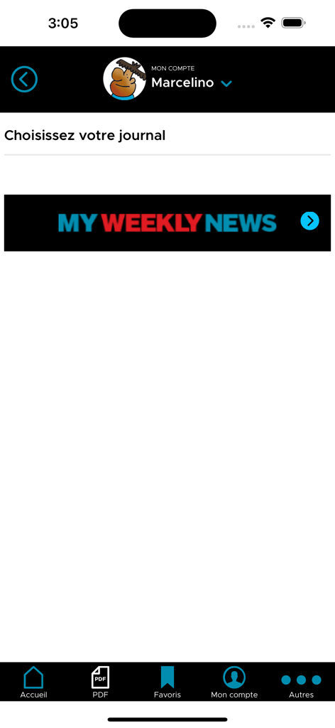 My Weekly News - The user selection screen of the My Weekly News app showing the journal choice menu and user profile